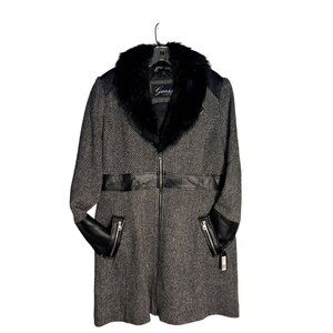 Guess Womens Herringbone Coat With Faux Fur Collar & Leather Accents